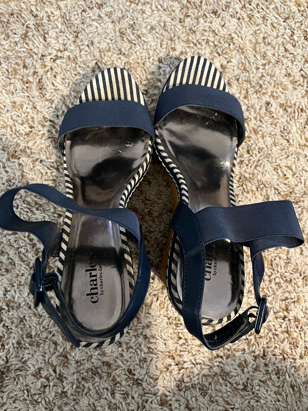 Charles David navy blue striped platform wedge sandals size 11